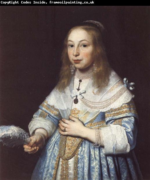 Bartholomeus van der Helst Portrait of a Girl in Pale Blue with an Ostrich Feather Fan